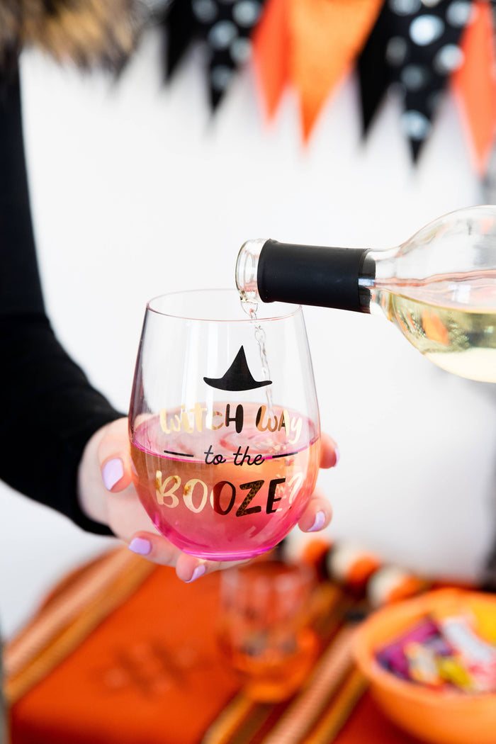Witch Way to the Booze Halloween Stemless Wine Glass - Premium drinkware from Pearhead - Just $7.95! Shop now at Pat's Monograms