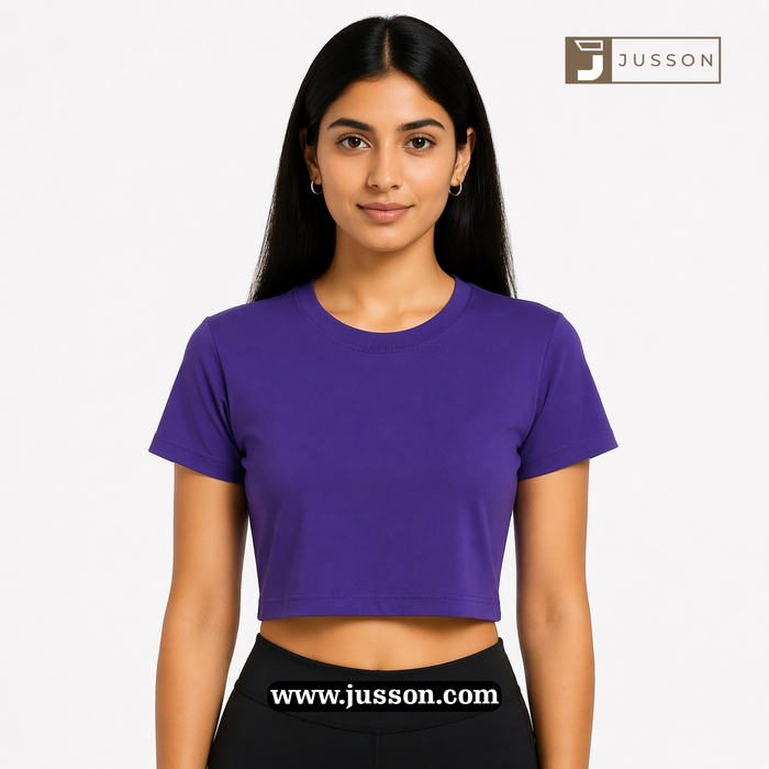 Women’s Solid Purple Round Neck Half Sleeve Crop Top