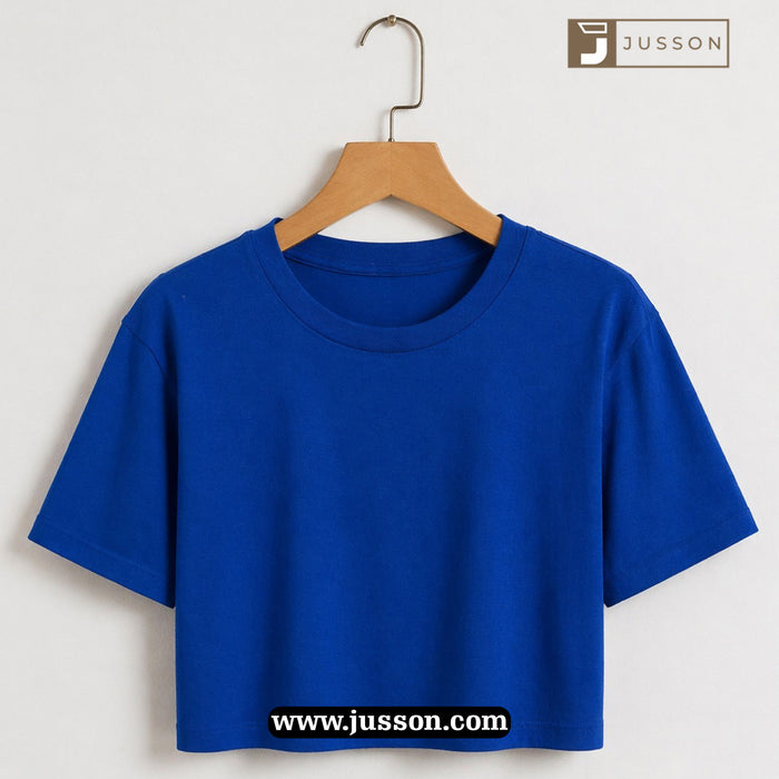 Women’s Solid Royal Blue Round Neck Half Sleeve Crop Top