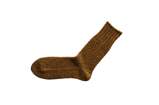 brown textured knit wool sock laid flat, featuring ribbed cuff and cushioned sole