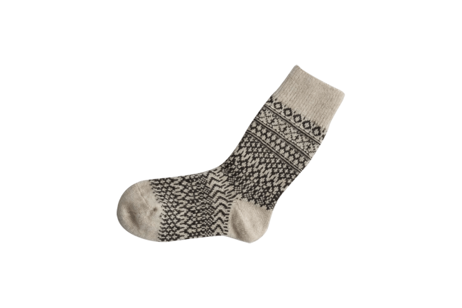 Beige wool sock with black geometric patterns, warm winter apparel from Iron Shop Provisions