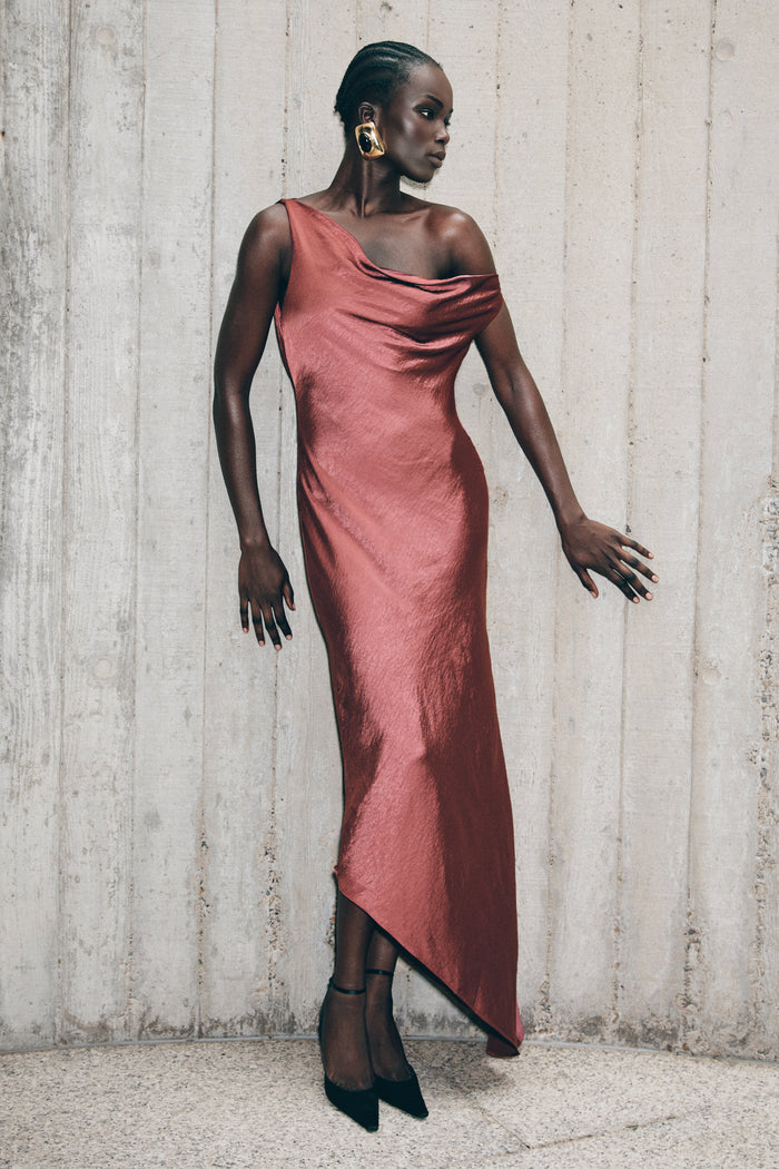 Yvette Slip Maxi Dress With Asymmetrical Hem - Brown Cherry