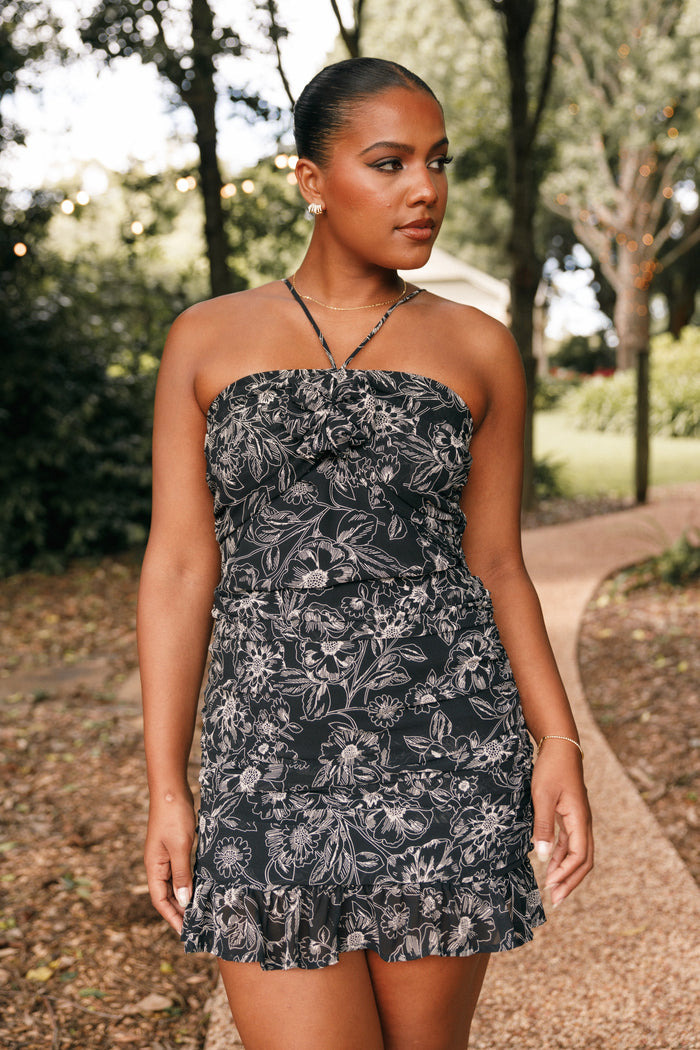 Petal and Pup USA DRESSES Zuri Rosette Mini Dress - Black Floral